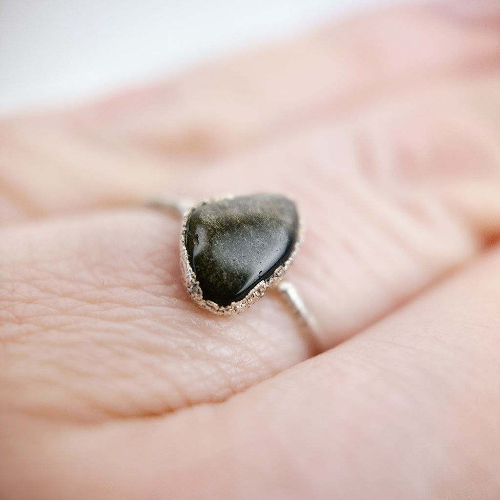 Black Golden Tourmaline Silver Ring - Size L