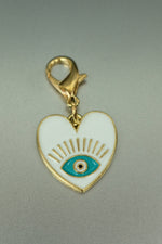 Gold White Heart Evil Eye Bag Charm • Enamel Clip-On Talisman