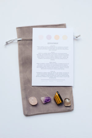 Packet of crystals for bereavement, including various healing stones designed to provide comfort and support during times of loss.